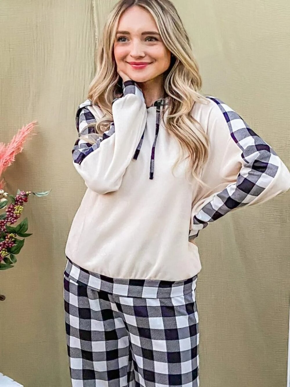 Cozy Plaid Lounge Set Hoodie Drawstring Top & Pants Size - Picture 3 of 8